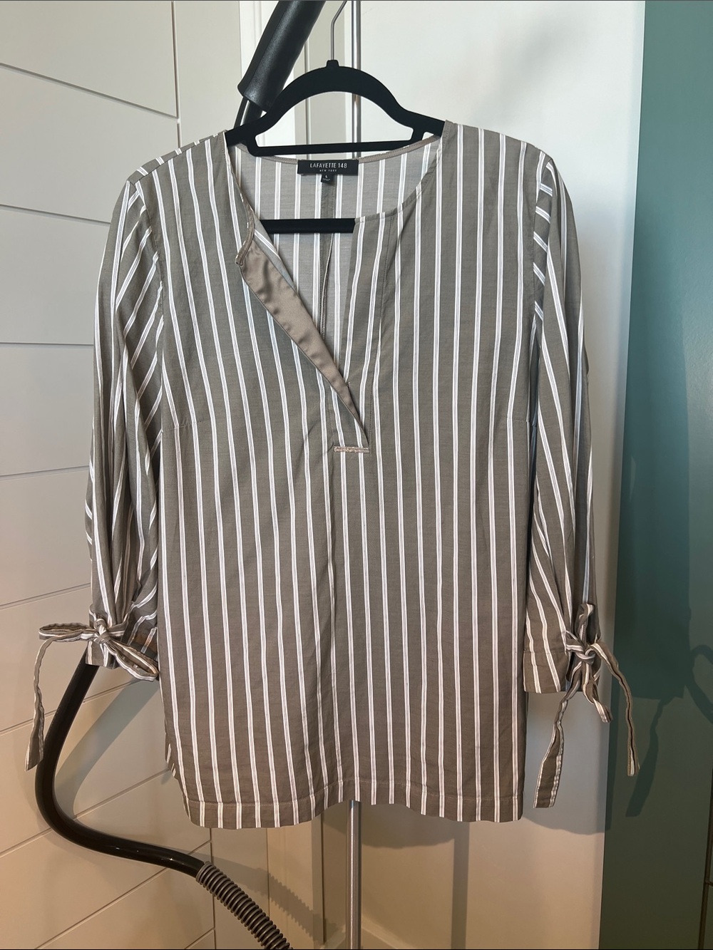 Lafayette 148 New York Taupe and White Vertical Stripe Tie-Cuff Tunic